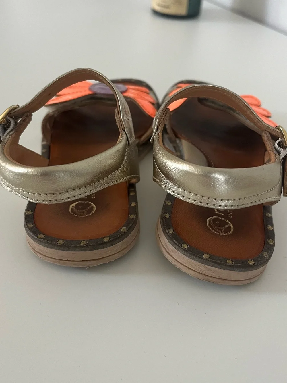 Girls Metallic Gold Sandals with Orange & Purple Flower Accent